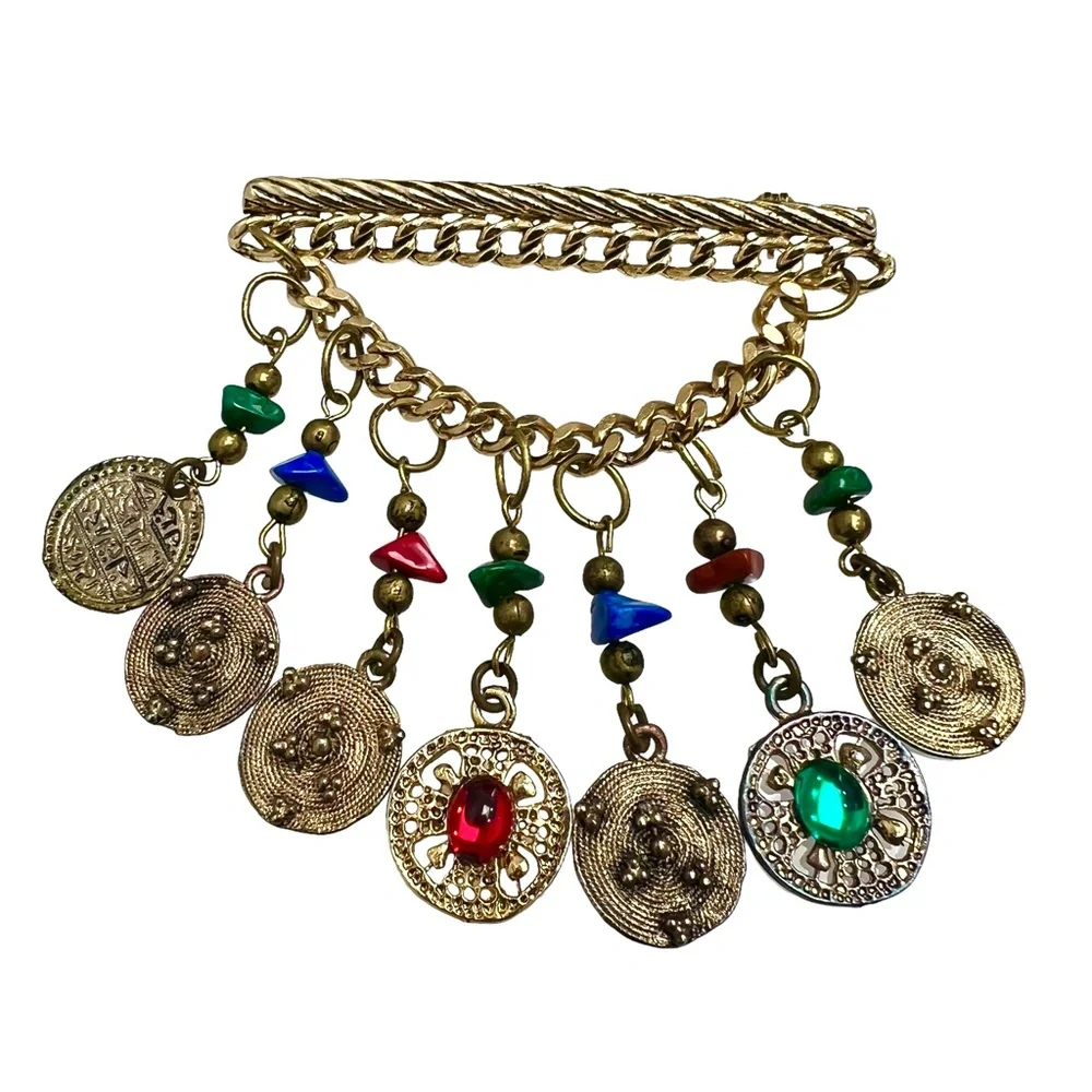 VINTAGE CHAIN BAR W CHAIN SWAG & COIN DANGLES W STONES - ETRUSCAN STYLE BROOCH